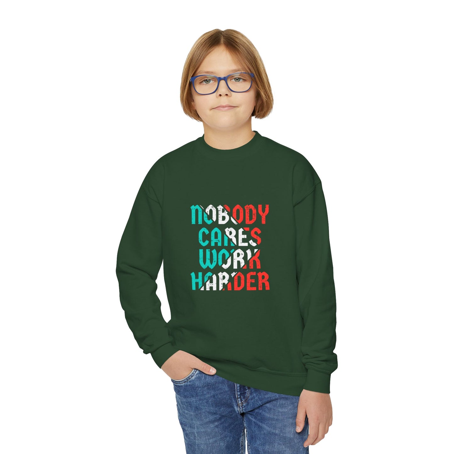 Nobody Cares Work Harder Youth Crewneck Sweatshirt