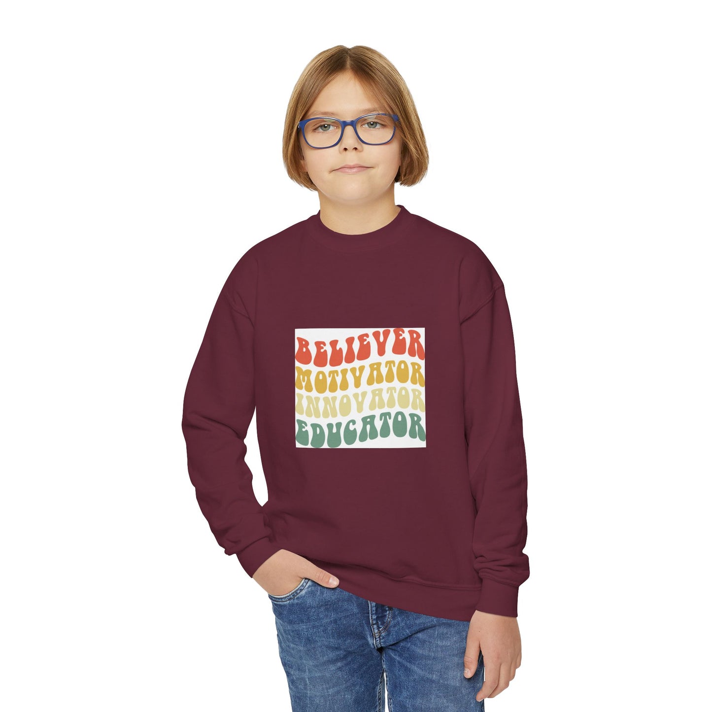 Believer Motivator Innovator Educator Youth Crewneck Sweatshirt