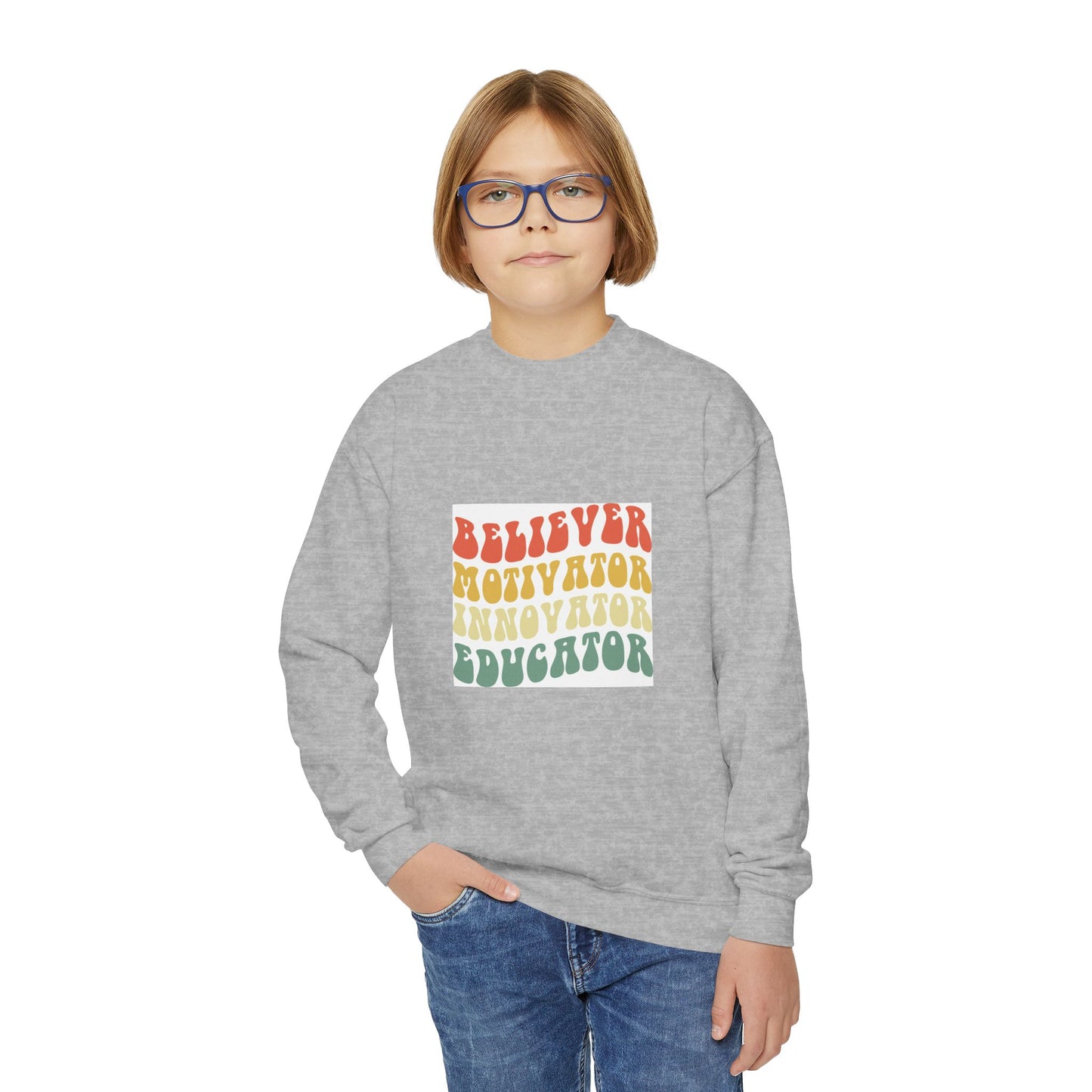 Believer Motivator Innovator Educator Youth Crewneck Sweatshirt