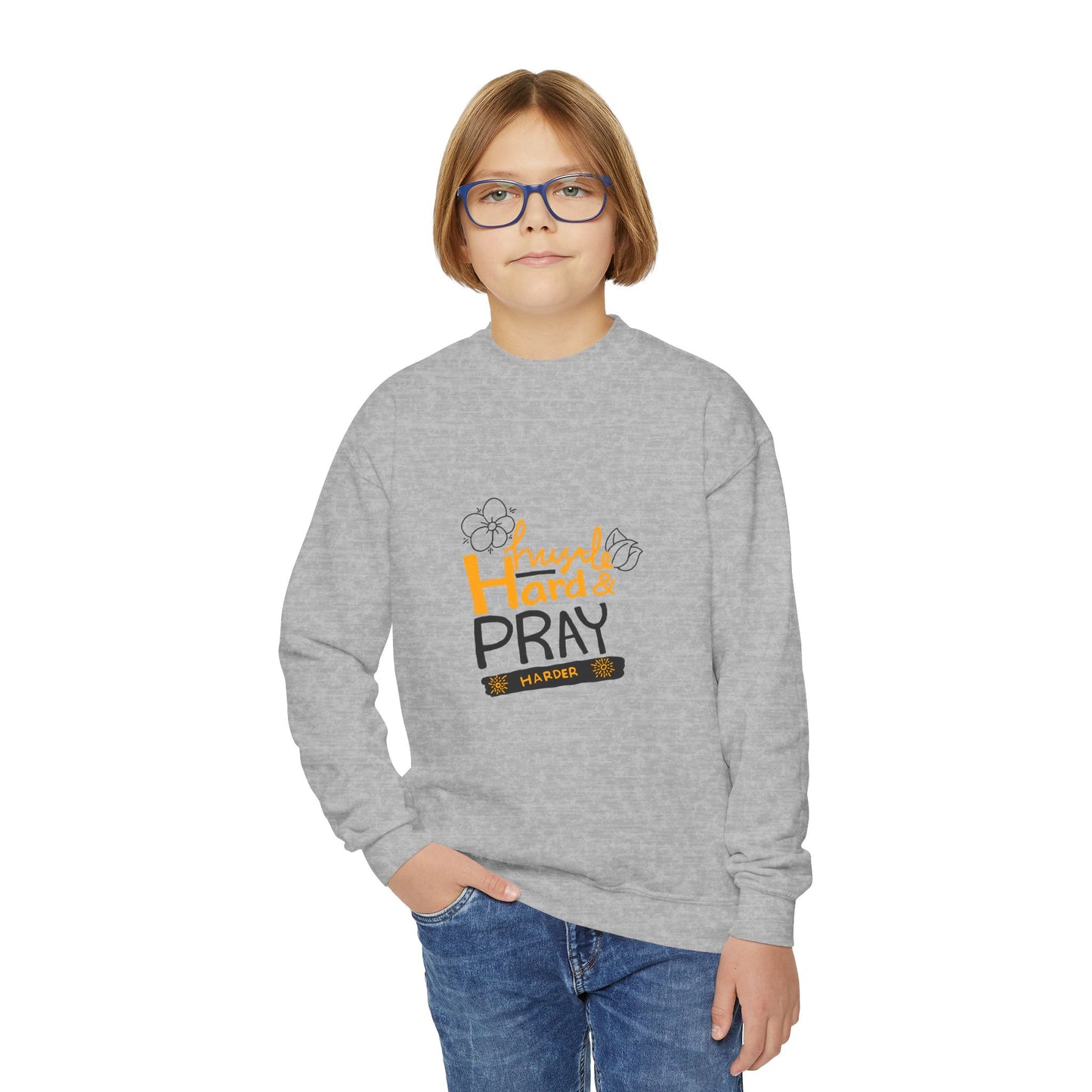 Hustle Hard And Pray Harder Youth Crewneck Sweatshirt