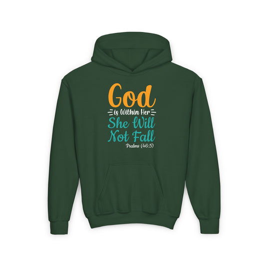 God Is Within Her She Will Not Fall Youth Heavy Blend Hooded Sweatshirt